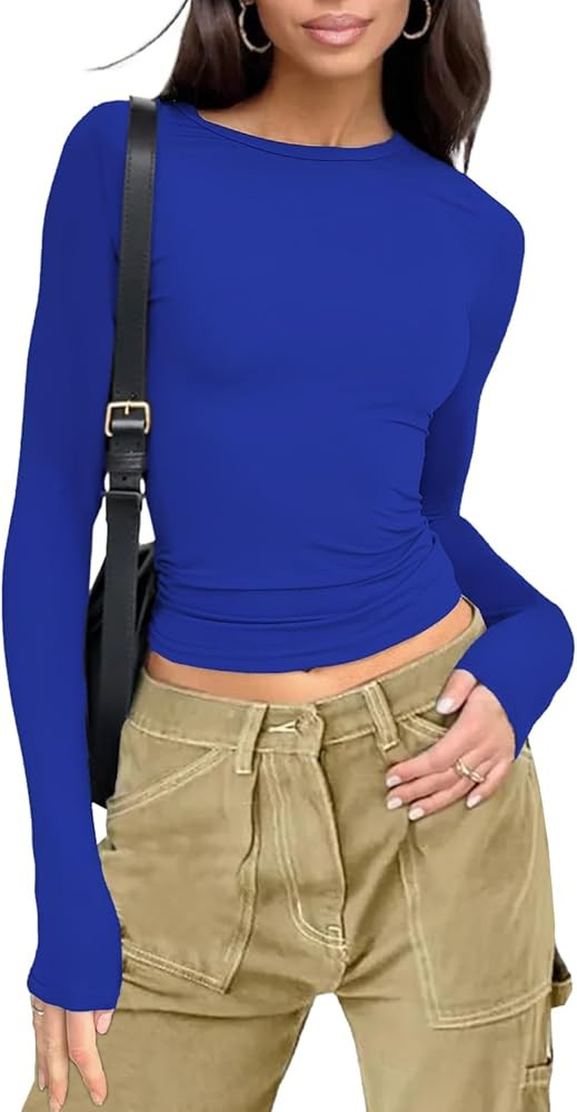 Womens Long Sleeve Shirts Basic Tees Y2k Slim Fit T Shirt Crew Neck Trendy Crop Top Casual Trendy... | Amazon (US)
