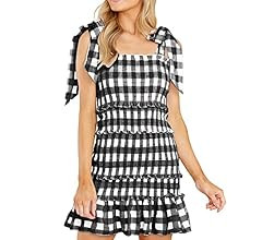 Women's Summer Plaid Square Neck Smocked Mini Dress Sleeveless Ruffle Tiered Tie Slim Fit Preppy ... | Amazon (US)