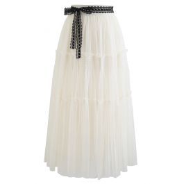 Riveted Lace Ribbon Ruffle Mesh Skirt in Cream | Chicwish
