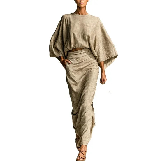 Baeitkot Women Summer Printed Dress Women Batwing Sleeve Round Neck High Waisted Midi Skirt Fashi... | Walmart (US)