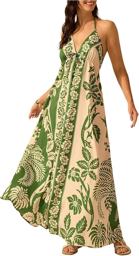 SHENHE Women's Summer Tropical Floral Halter Maxi Dress Open Back Empire Waist Flowy Boho Dress | Amazon (US)