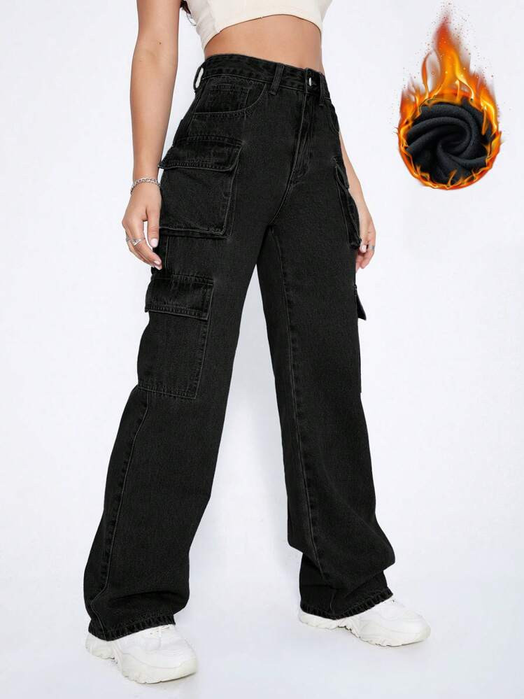 SHEIN ICON Y2k Black High Waist Flap Pocket Cargo Brushed Fabric Warm Jeans Thickened Denim | SHEIN