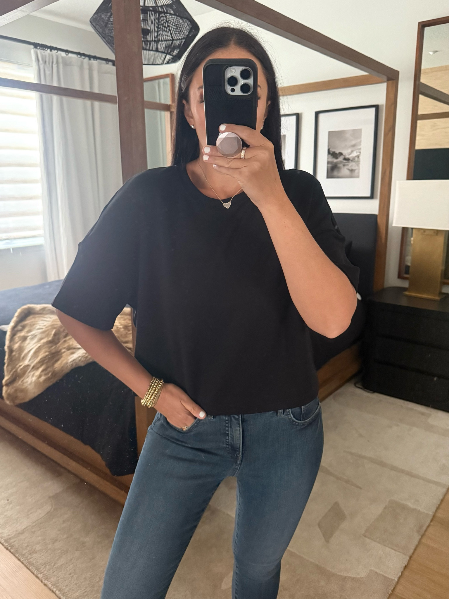 Short Sleeve Sweatshirt Tee wearing size medium now $39 originally $48. Mid Rise Dark Wash Ripped Hem Skinny Jeans wearing size 4. High Waisted Light Wash FlexX Ripped Skinny Jeans wearing size small. 