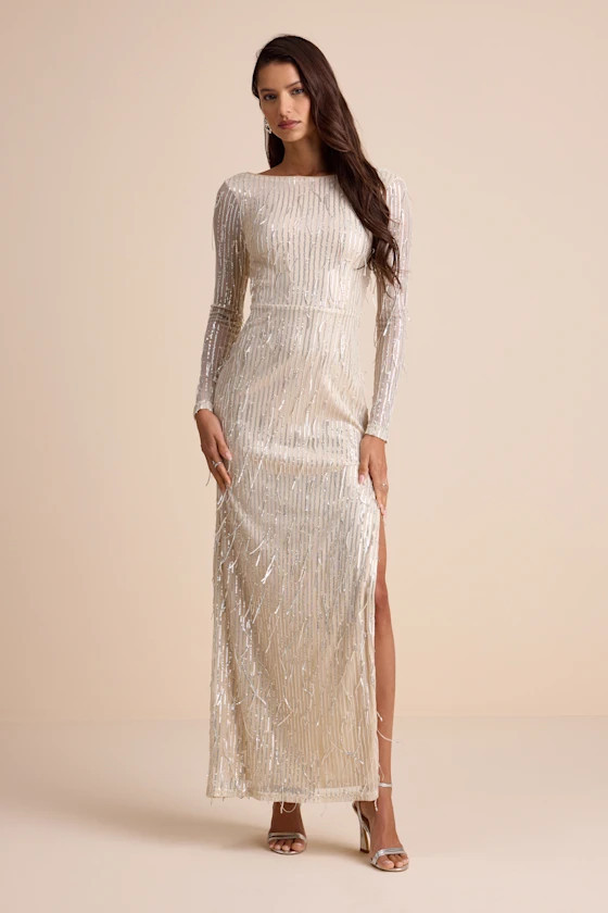 Glittery Devotion Champagne Sequin Fringe Maxi Dress | Lulus