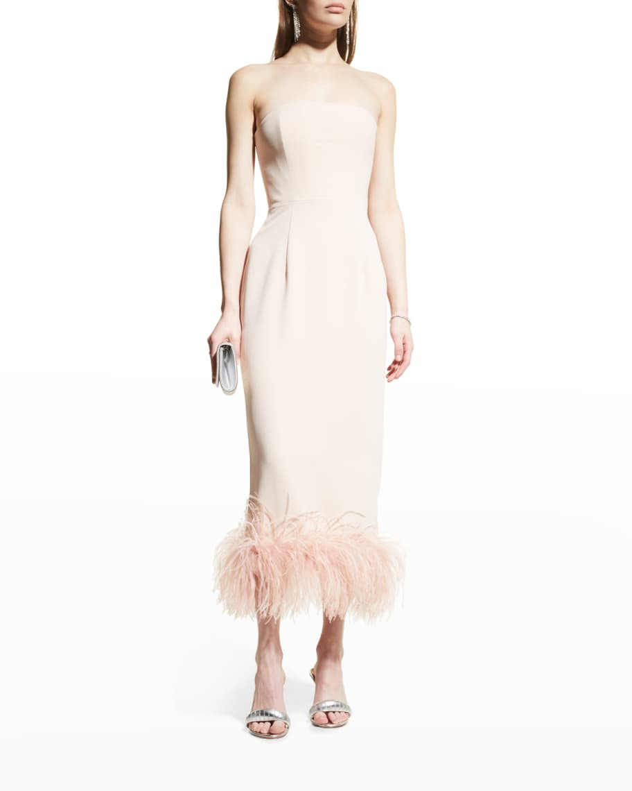 16ARLINGTON Minelli Feather-Trim Strapless Midi Dress | Neiman Marcus