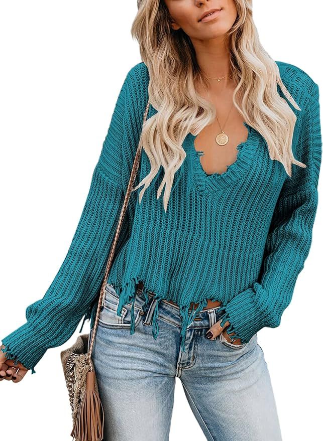 Sidefeel Women V-Neck Long Sleeve Loose Ripped Pullover Knit Sweater Crop Top | Amazon (US)