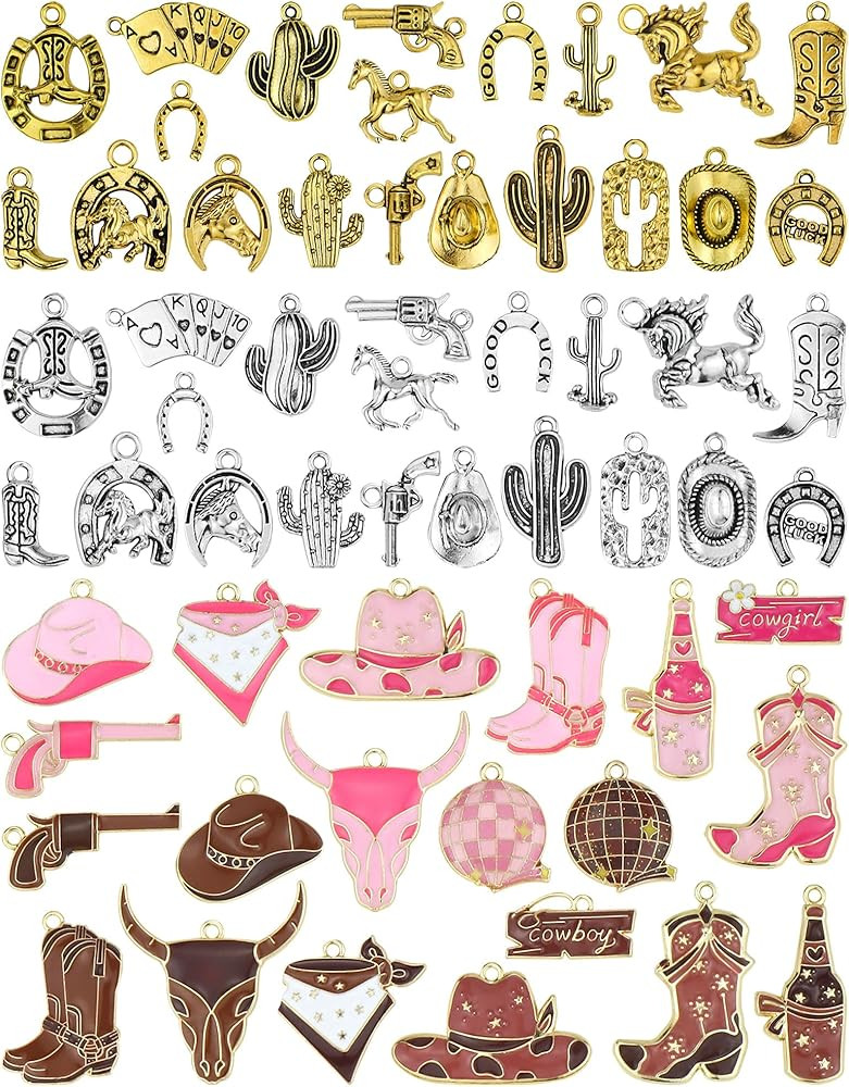 60pcs Western Cowboy & Cowgirl Charms for Jewelry Making, Antique Silver Gold Enamel Pendants Hat... | Amazon (US)