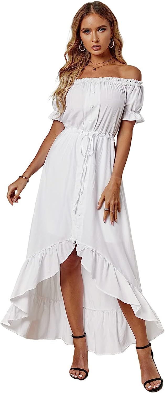 Cabala Women Off Shoulder Short Sleeve Ruffles Swing Dress Solid High Waist Pleated Button Loose ... | Amazon (US)
