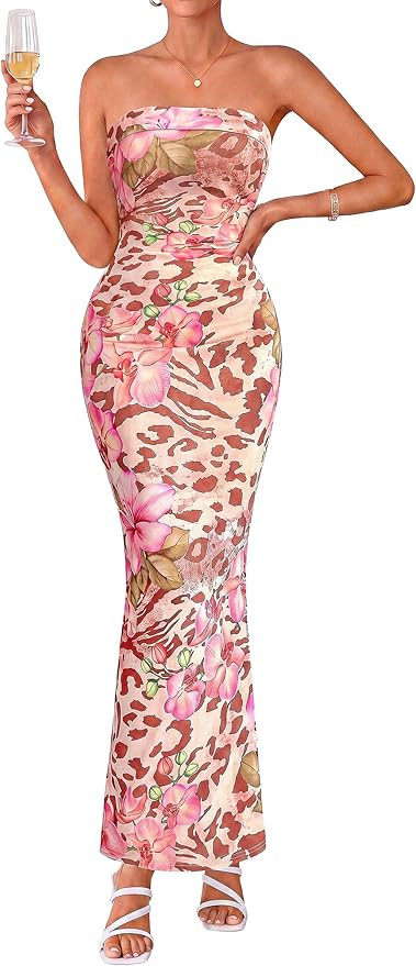 PRETTYGARDEN Bodycon Long Dresses for Women 2026 Strapless Tube Summer Floral Maxi Dress Sleevele... | Amazon (US)