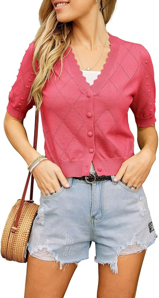 GRACE KARIN Womens Cropped Cardigan Puff Short Sleeve Sweaters Tops V-Neck Button Knitwear | Amazon (US)