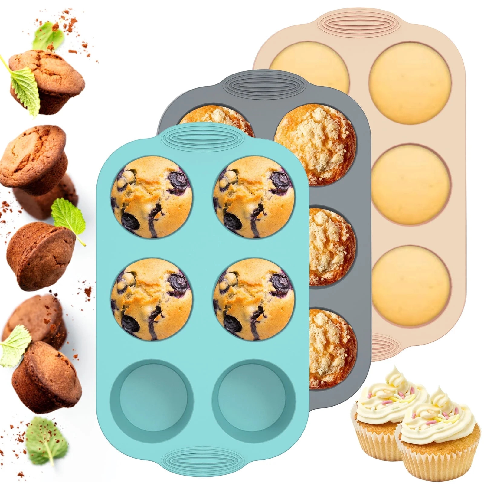 Jetcloudlive 3Pcs Silicone Muffin Pan Cupcake Pans 6-Cup Round Silicone Baking Molds Non-Stick Ca... | Walmart (US)