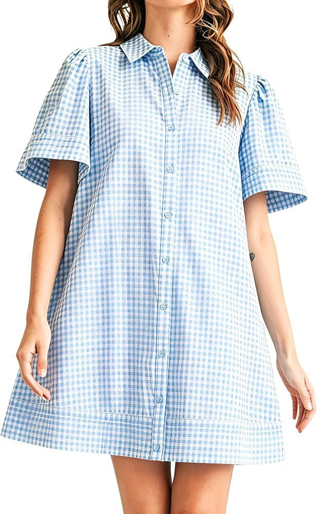 Womens Short Sleeve Button Down Mini Shirt Dress Lapel Collar Short Dresses with Pocket | Amazon (US)