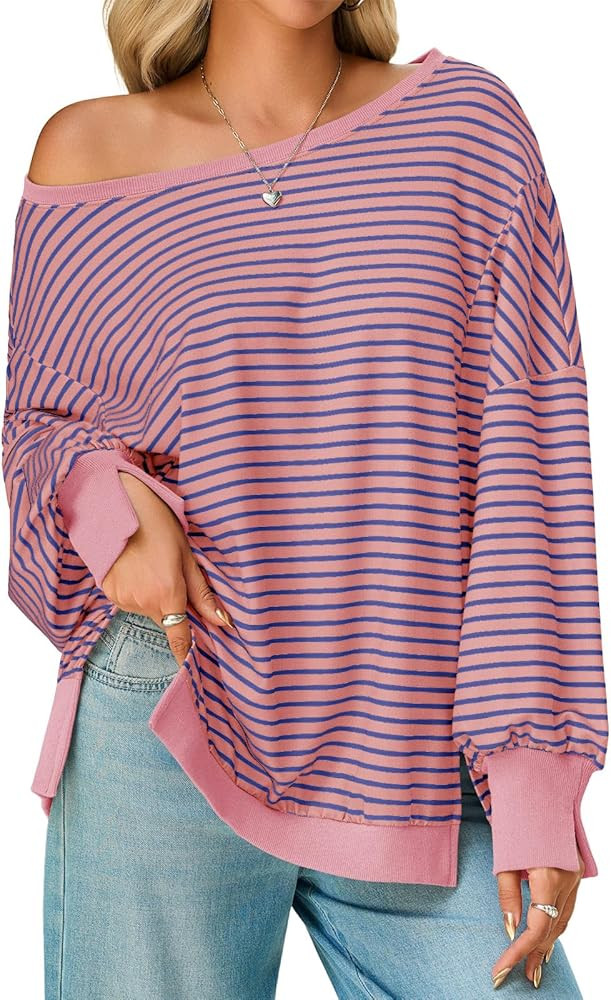 Tankaneo Womens Striped Oversized Sweatshirt Off The Shoulder Lantern Long Sleeve Top Split Fall ... | Amazon (US)