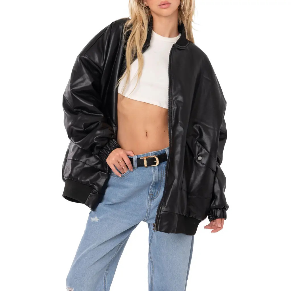 EDIKTED Oversize Faux Leather Bomber Jacket in Black at Nordstrom, Size Small | Nordstrom