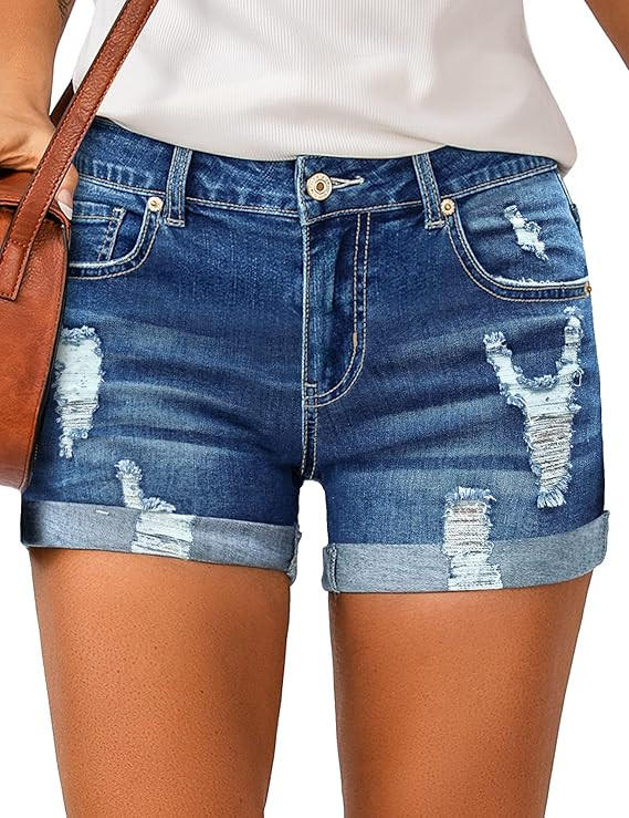 LookbookStore Women's High Waisted Rolled Hem Distressed Jeans Ripped Denim Shorts | Amazon (US)