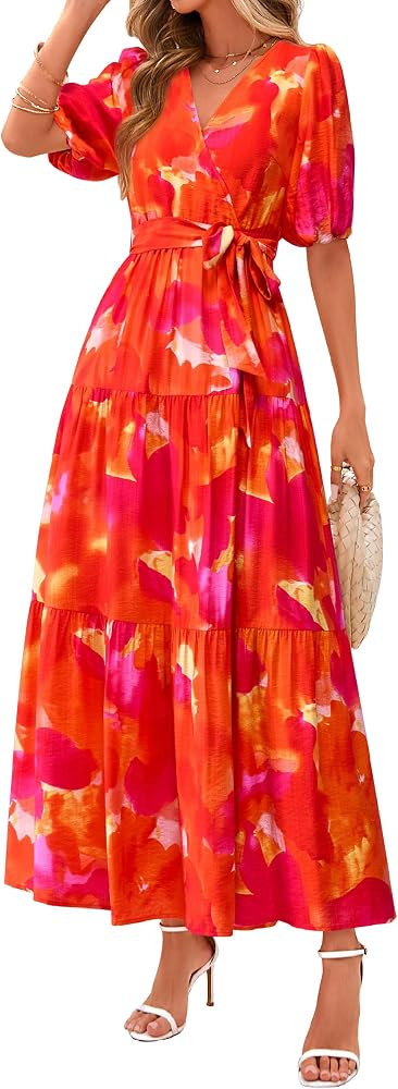 PRETTYGARDEN Women's Summer Maxi Dress 2026 Resort Wear Boho Floral V Neck Puff Short Sleeve Ruff... | Amazon (US)
