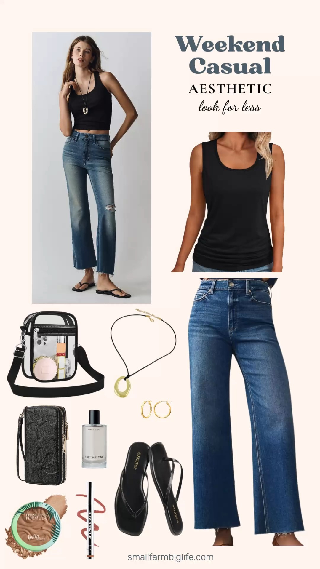 Love the weekend casual aesthetic but not the designer price tag? I found all the pieces on Amazon for so much less! From wide leg high waist boyfriend jeans and a square neck ruched tank to square toe flat sandals, a clear stadium bag, a chunky gold circle pendant necklace, gold hoops, a double zip wristlet wallet, and even a beautiful body mist and some fun beauty finds, you can get the whole effortless and cool look for a fraction of the cost. Linking everything below! 

 #LTKgrwm #LTKootd #LTKOver40
