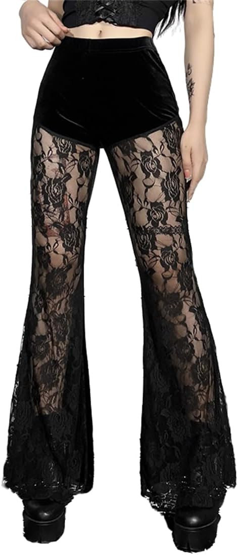 Gothic Bell Bottom Pants for Women Goth Grunge Black High Waisted Flare Leggings Boho Hippie Fest... | Amazon (US)