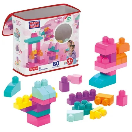 MEGA BLOKS Fisher-Price Toy Blocks Big Building Bag with Storage (80 Pieces) for Toddler, Pink | Walmart (US)