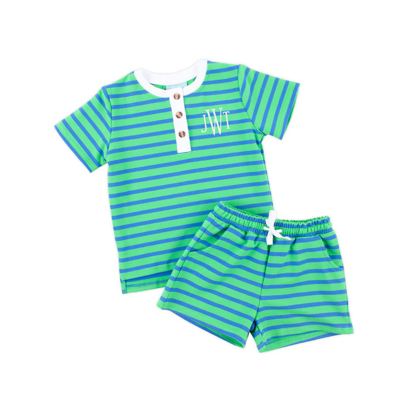 Green & Blue Stripe Terry Henley Short Set | Classic Whimsy