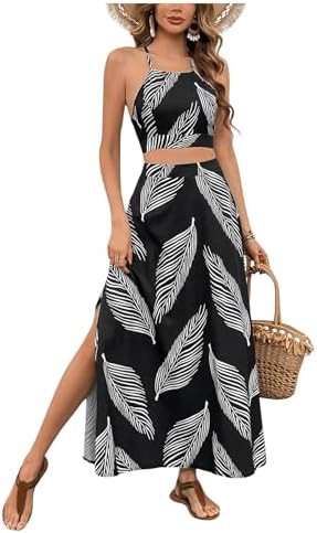 Women's 2 Piece Outfits Tropical Print Beach Outfits Tie Cami Crop Top and Split Maxi Skirt Sets ... | Amazon (US)