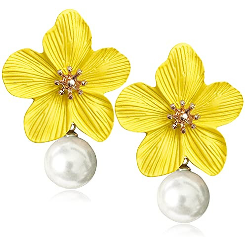 Unique Handmade Bohemian Large Matte Double Yellow Flower Dangle Drop Earrings White Metal floral... | Amazon (US)