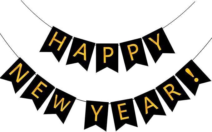 FECEDY Happy New Year Banner Black Bunting with Gold Alphabet for New Year Party Supplier Eve Par... | Amazon (US)