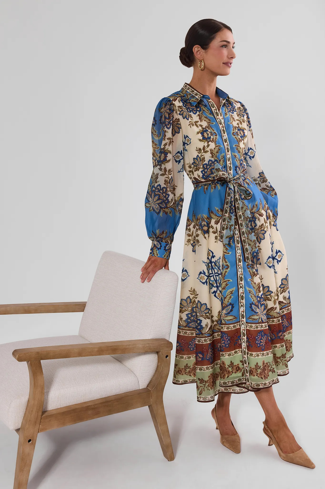 Multi Border Print Button Up Midi Dress | Avara