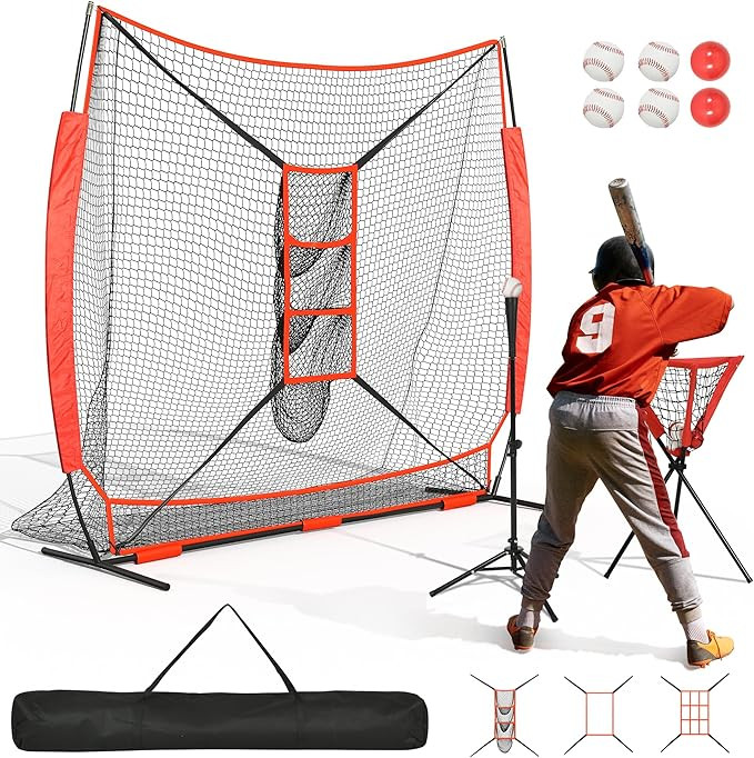 7'x7' Baseball Net with Batting Tee & Ball Caddy, Softball Net for Hitting and Pitching with Ball... | Amazon (US)