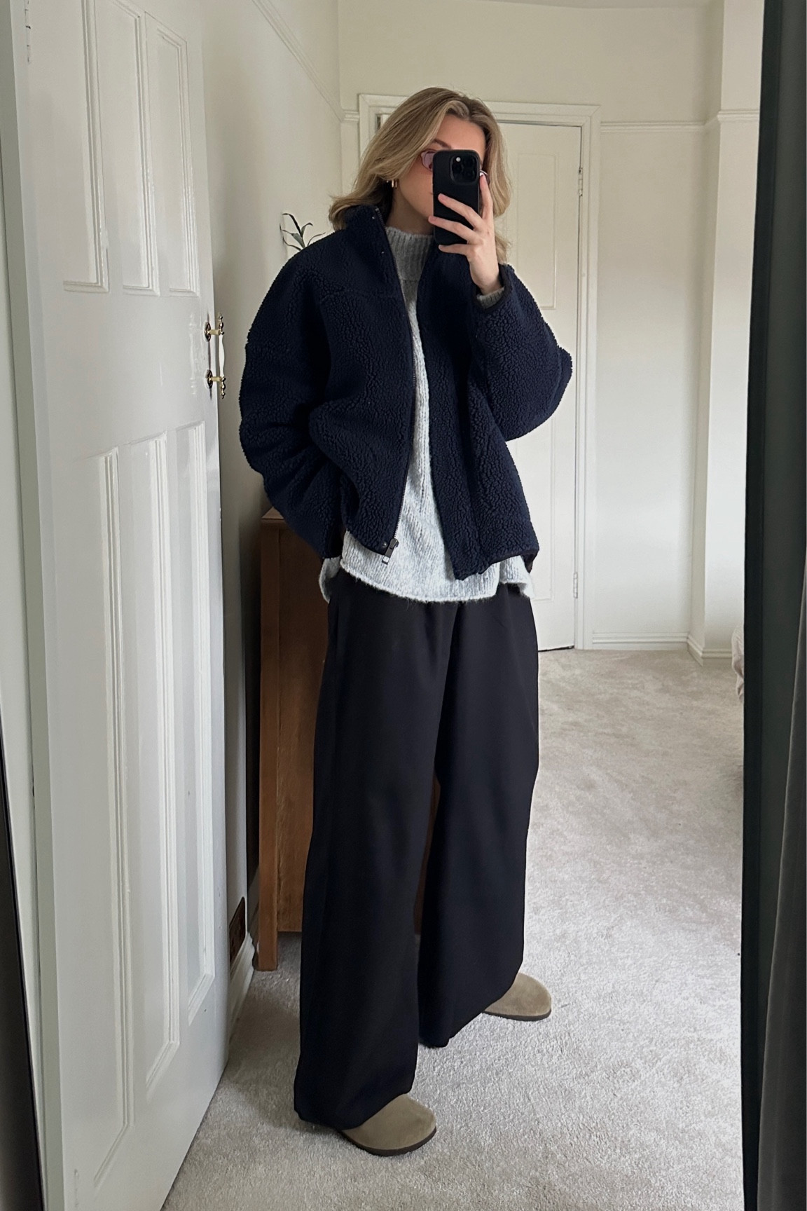 Whistles, DISSH, teddy jacket, navy jacket, wide leg trousers, black trousers, Birkenstock Bostons, clogs, winter outfit, Christmas market outfit 

#LTKeurope #LTKSeasonal #LTKHoliday