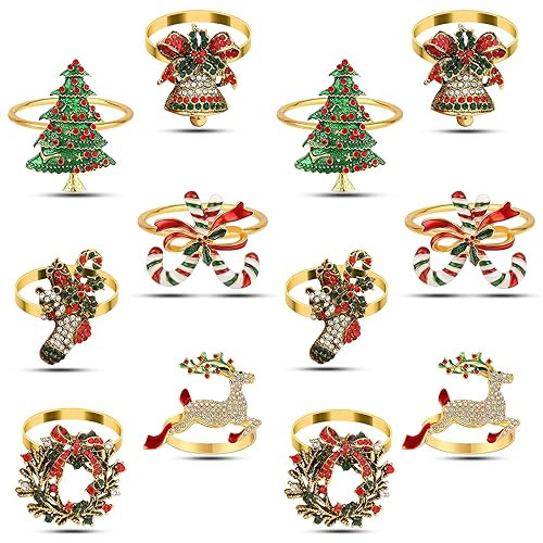 Set of 12pcs Christmas Napkin Rings, Gold Metal Napkin Ring Holder Bluk for Christmas Party Favor Wedding Dinner Table Decoration | Amazon (US)