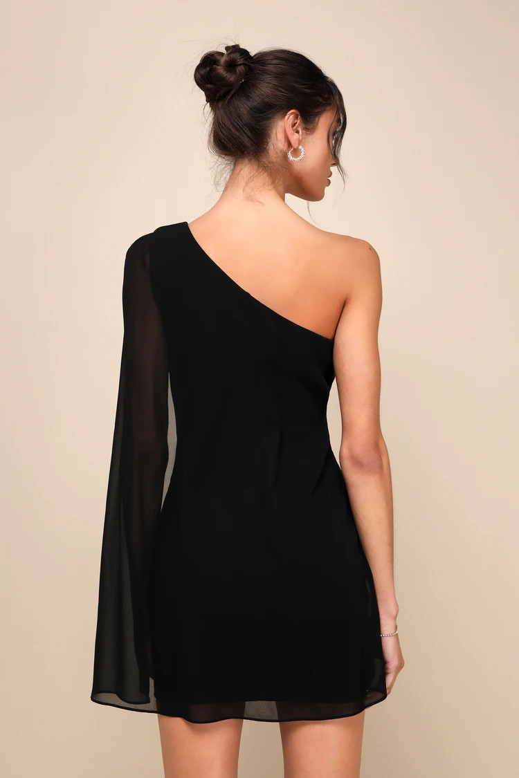 Majestic Energy Black Cape Sleeve One-Shoulder Mini Dress | Lulus