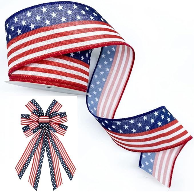 4th of July Patriotic Ribbons 2.5" X 10 Yards, American Flag Wired Edge Ribbons Stars Stripes Rib... | Amazon (US)