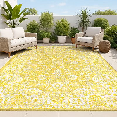 JONATHAN Y Tela Bohemian Textured Weave Floral Yellow/Cream 5 ft. x 8 ft. Indoor/Outdoor Area Rug, Non-Shedding, Easy-Clean | Target