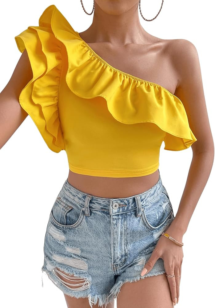 Floerns Women's One Shoulder Butterfly Sleeve Ruffle Trim Party Crop Top | Amazon (US)