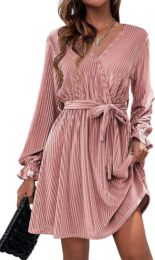 HOTOUCH Women's Velvet Dress Wrap V Neck Flared Dress Long Lantern Sleeve Dresses with Belt Cockt... | Amazon (US)