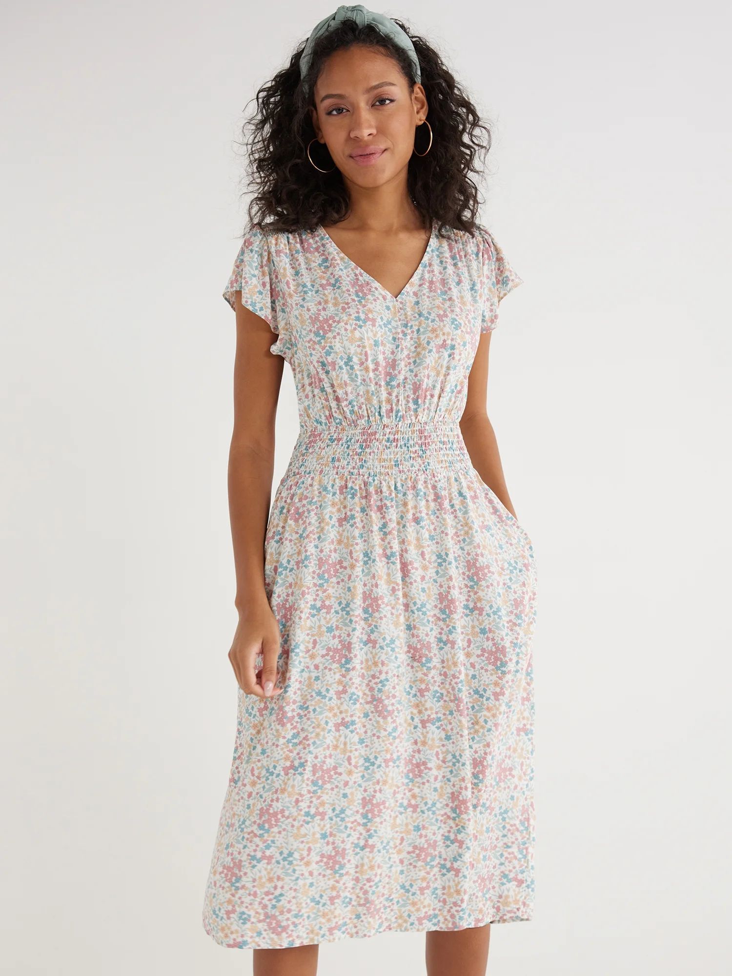 Time and Tru Women’s Smocked Waist Midi Dress with Short Sleeves, Sizes XS-XXXL - Walmart.com | Walmart (US)