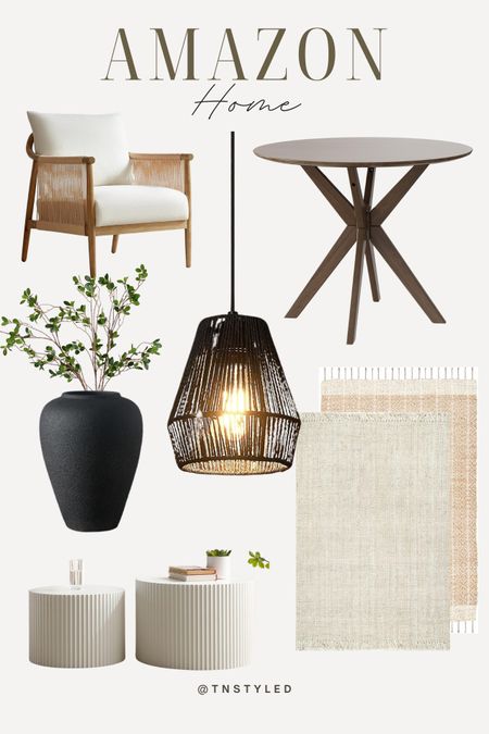 @amazon home finds // modern coffee table, eucalyptus branches, braided rugs, tussel rug, farmhouse rug, round wood dining table, modern accent chair, braid armchair, ceramic black vase, woven pendant light

#LTKhome #LTKsalealert #LTKstyletip