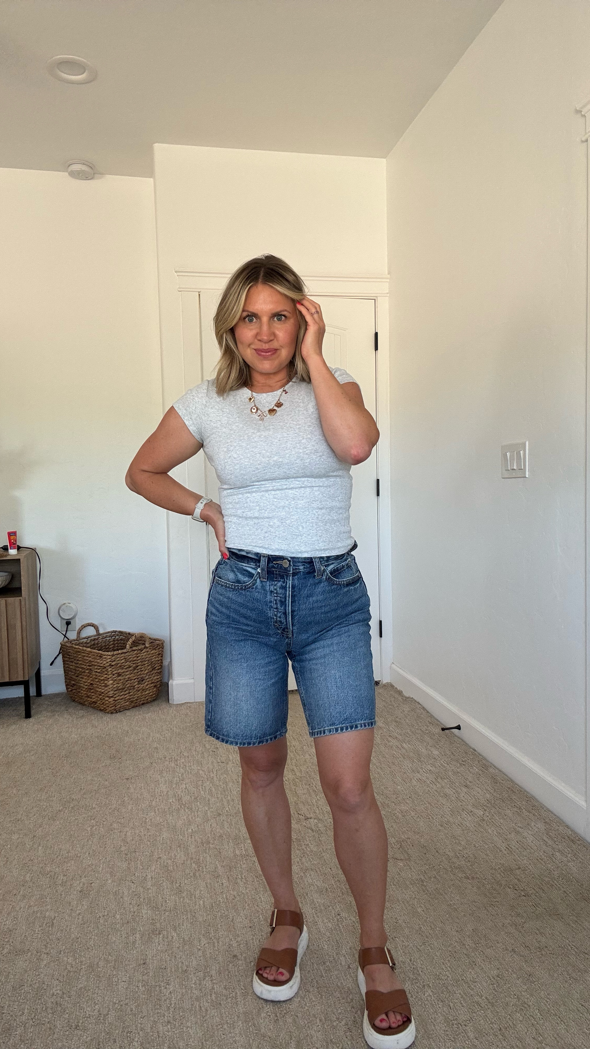 Summer uniform 🫡 these shorts from Target run a little small and have no stretch but they’re so cute! I sized up. Also linking some mom approved summer clothes and accessories! 