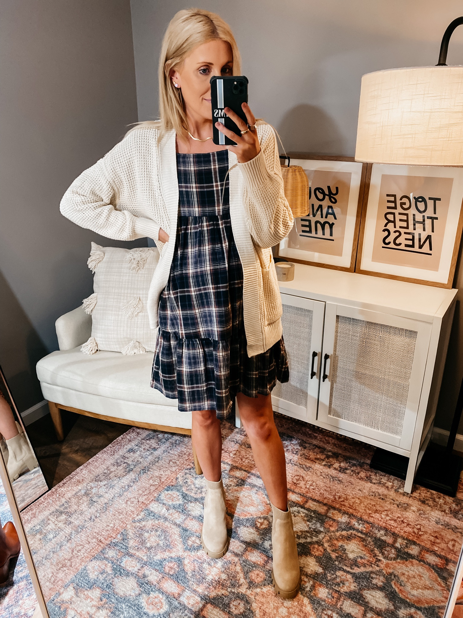 $30 target plaid dress for fall (runs tts) // Steve Madden Chelsea boot (runs tts) // target cardigan (runs tts) 

#LTKstyletip #LTKbump #LTKSeasonal