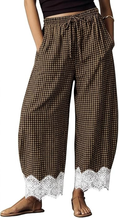 Lace Hem Gingham Barrel Pants for Women Plaid Wide Leg Trousers Drawstring Waist Lounge Pants wit... | Amazon (US)