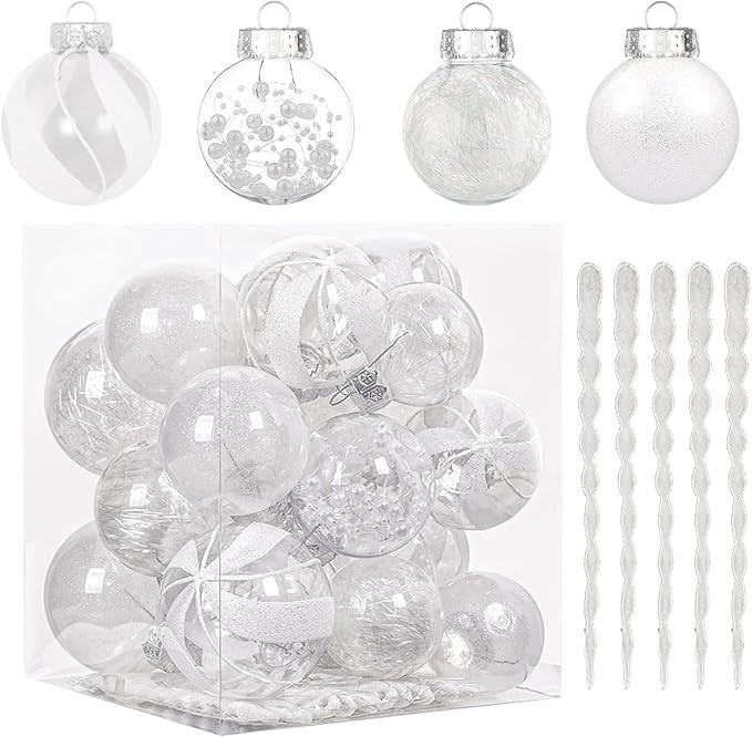 XmasExp 32ct Christmas Ball Ornaments Set -White Clear Plastic Shatterproof Xmas Tree Ball Decora... | Amazon (US)