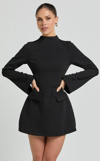 Carlson Mini Dress - High Neck Sleeve Cocoon Skirt Dress in Black | Showpo (US, UK & Europe)