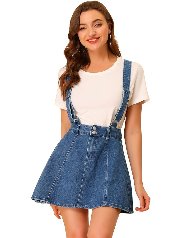 Allegra K Women's Denim Skirt Overall Adjustable Strap Braces Mini Suspender Washed Jean Skirts | Amazon (US)