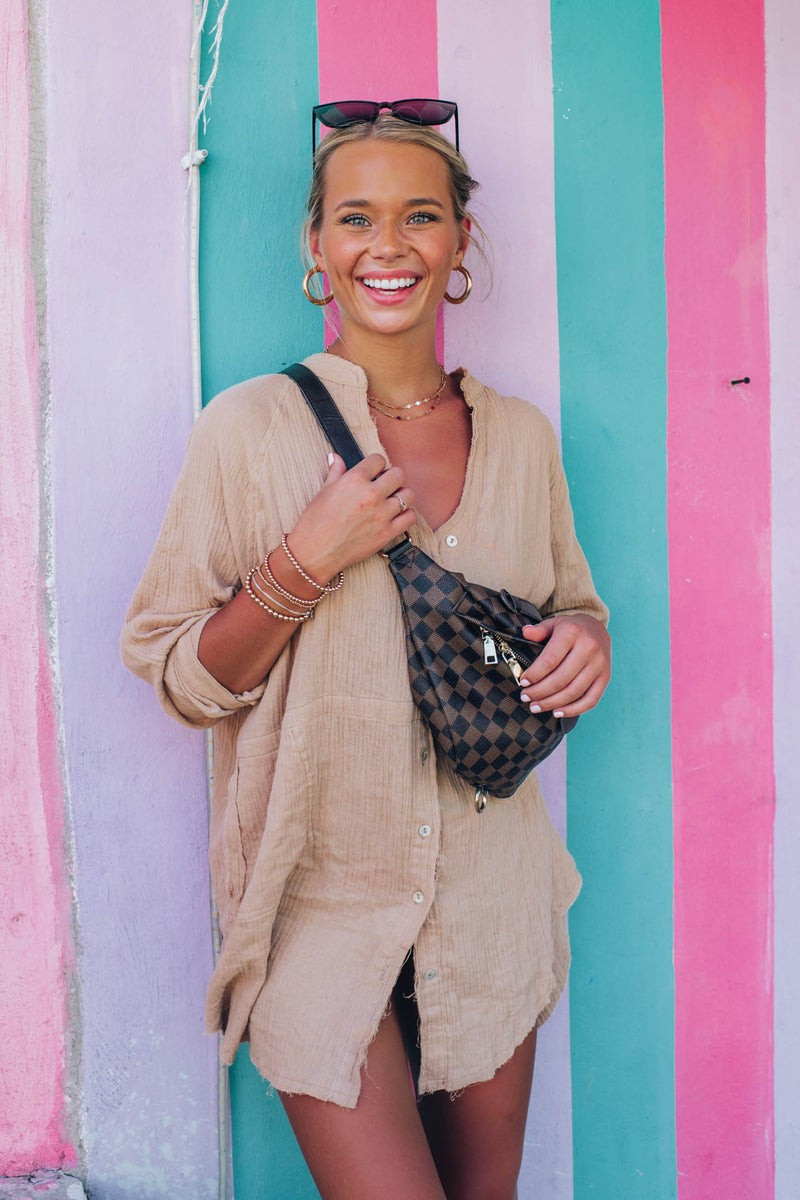Touring The Tropics Sandstone Distressed Hem Button Up | Apricot Lane Boutique