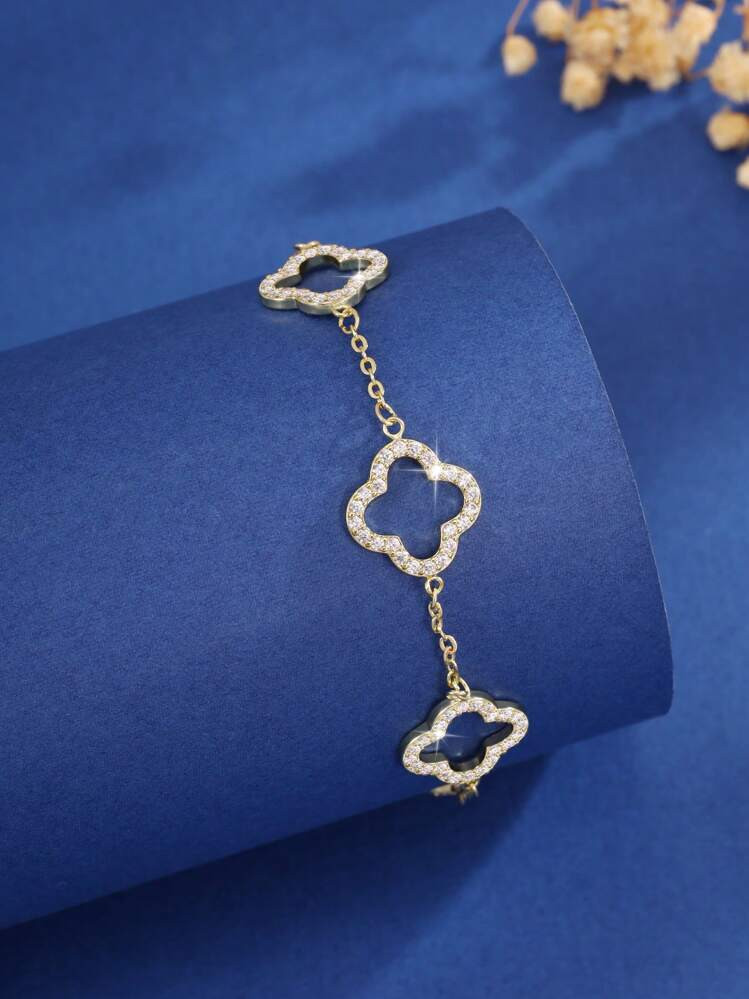 1pc Minimalist & Cute Gold-Color Four-Leaf Clover Design Bracelet, Inlaid Synthetic Cubic Zirconi... | SHEIN