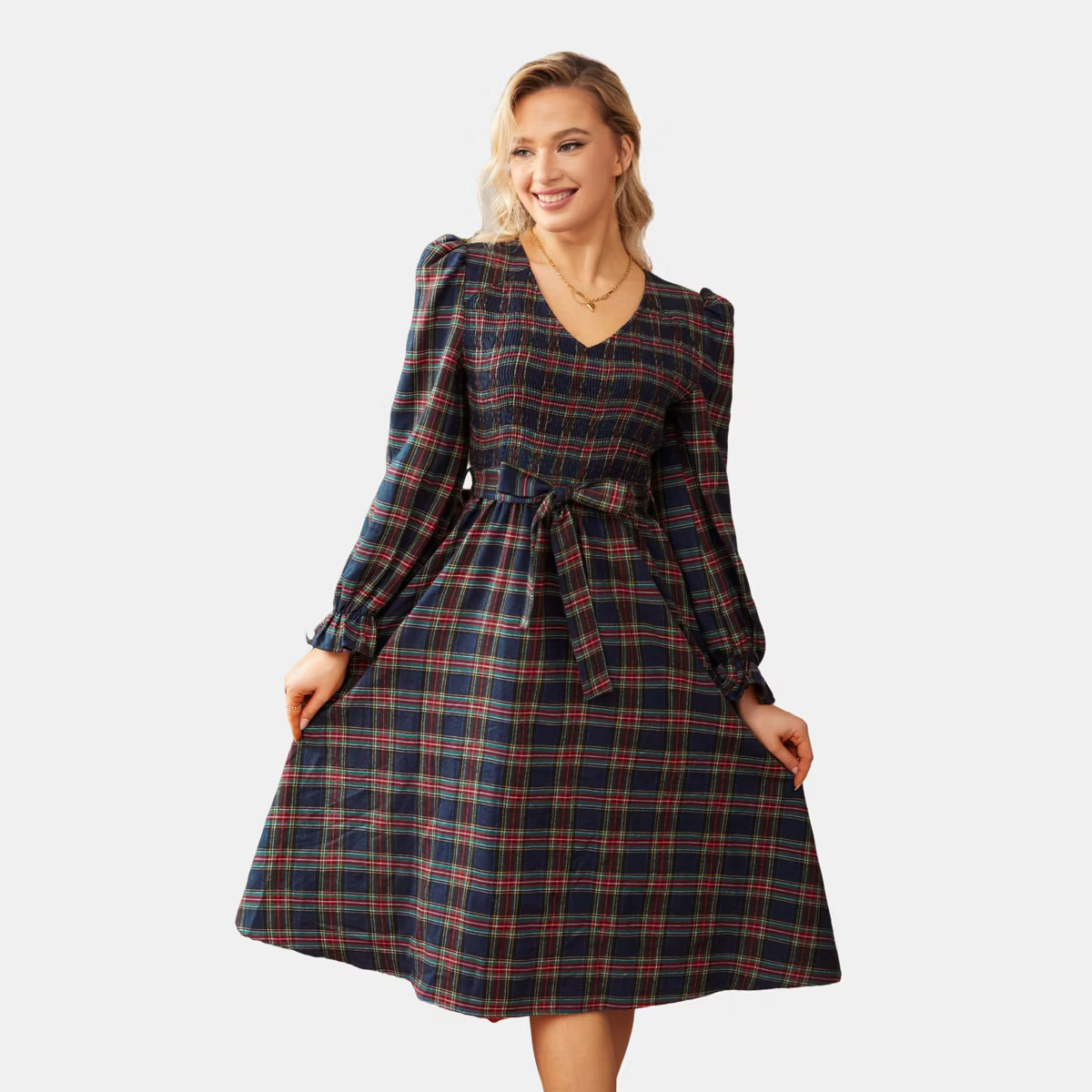 Women's Blue Plaid V-Neck Puff Shoulder Midi Dress - Cupshe | Target