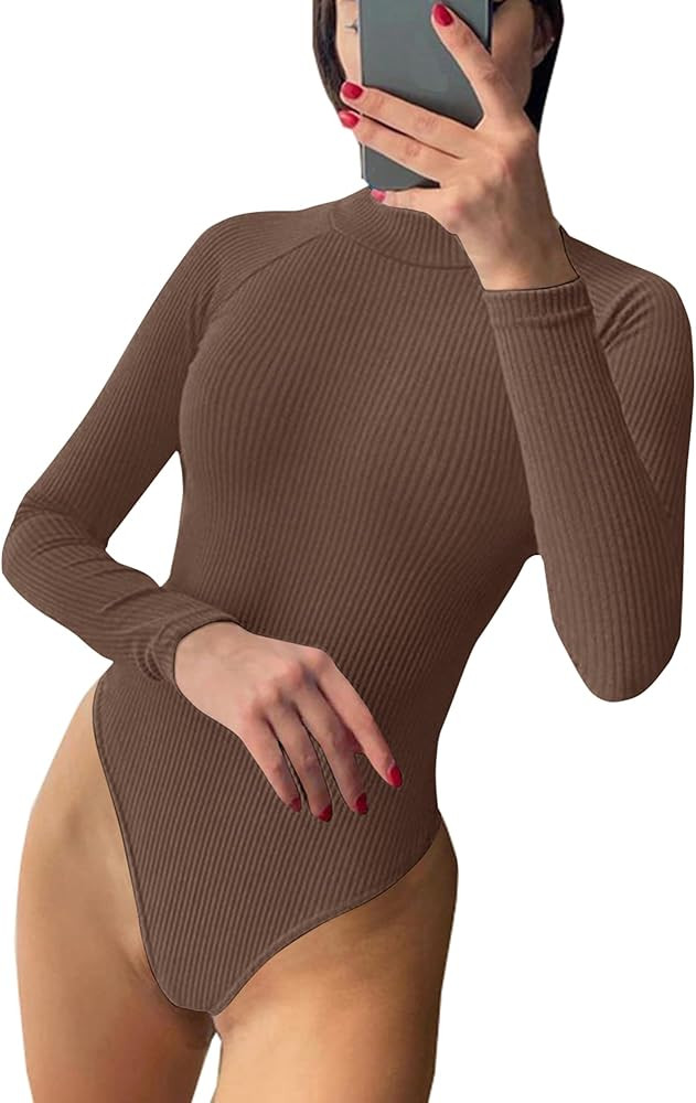 PALINDA Women's Mock Turtleneck Long Sleeve Bodysuit Ribbed Knit Stretchy Thong Bodysuit Tops | Amazon (US)
