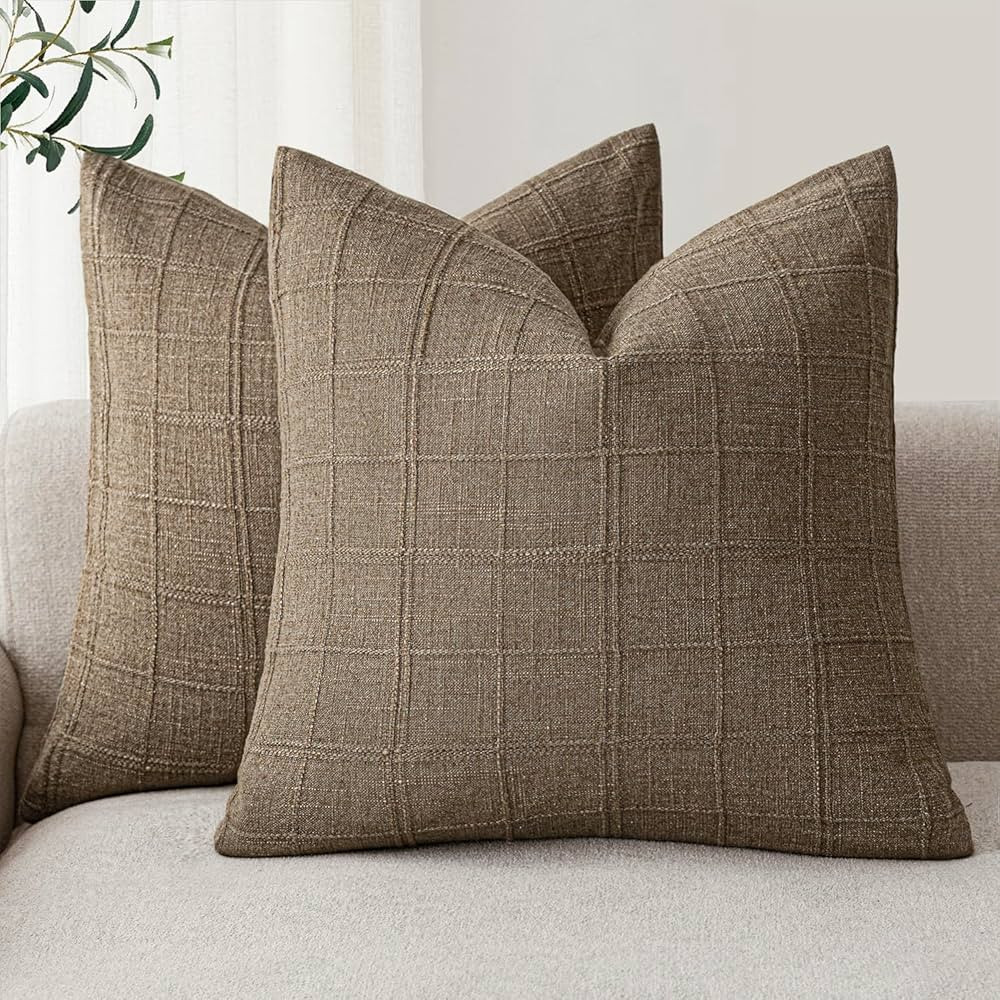 Foindtower Set of 2 Decorative Linen Check Throw Pillow Covers Neutral Farmhouse Vintage Cushion ... | Amazon (US)