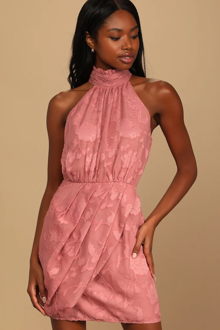 Chic Demeanor Rusty Rose Floral Jacquard Halter Mini Dress | Lulus (US)